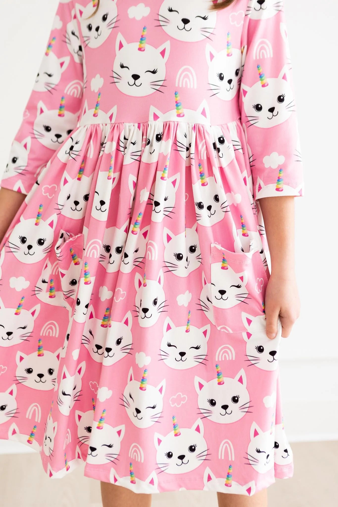 Unicorn Kitties 3/4 Sleeve Pocket Twirl Dress by Mila & Rose