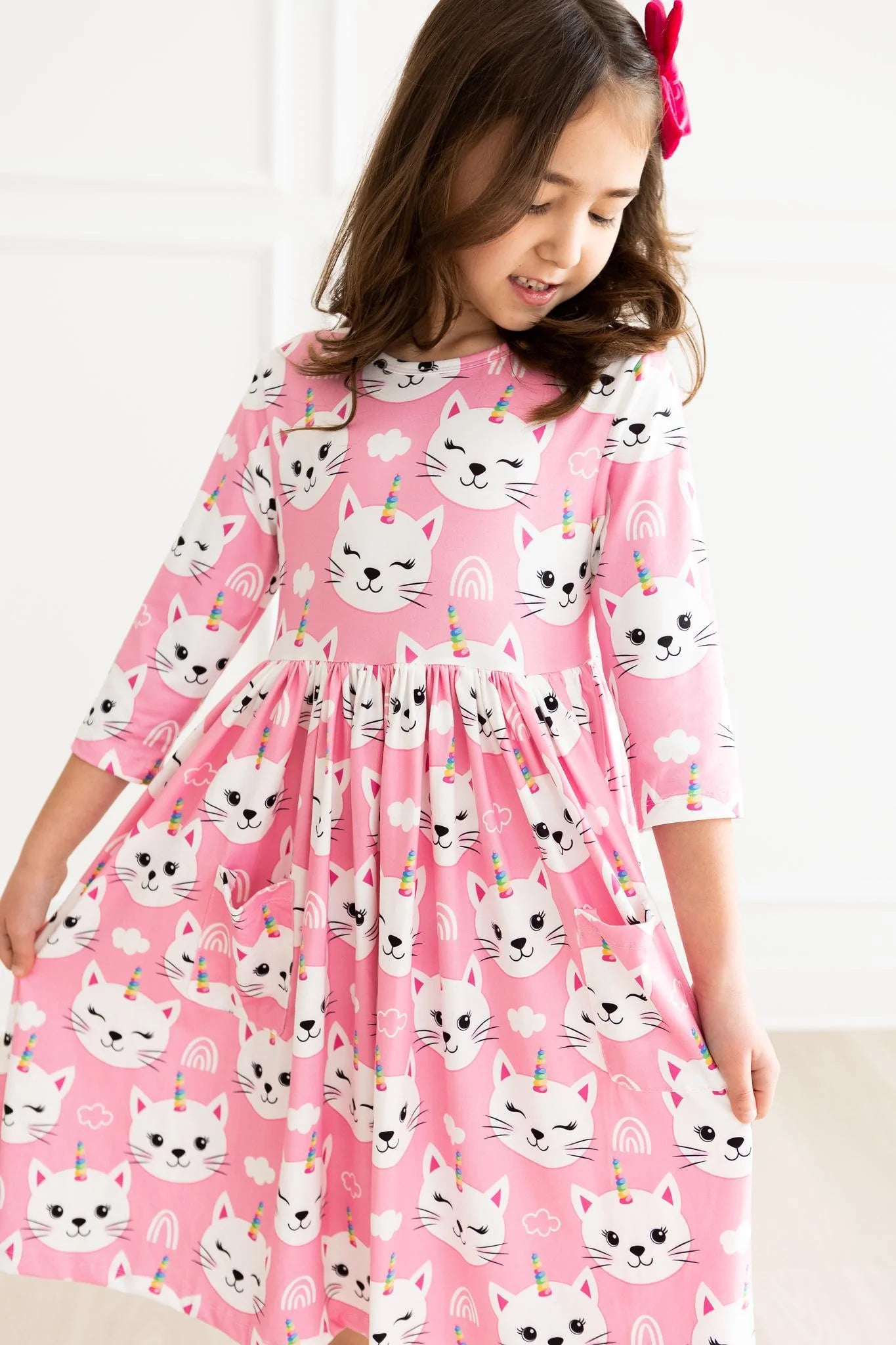 Unicorn Kitties 3/4 Sleeve Pocket Twirl Dress by Mila & Rose