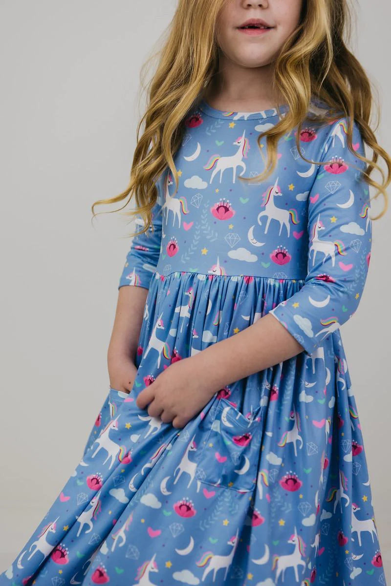 Blue Moon 3/4 Sleeve Pocket Twirl Dress by Mila & Rose
