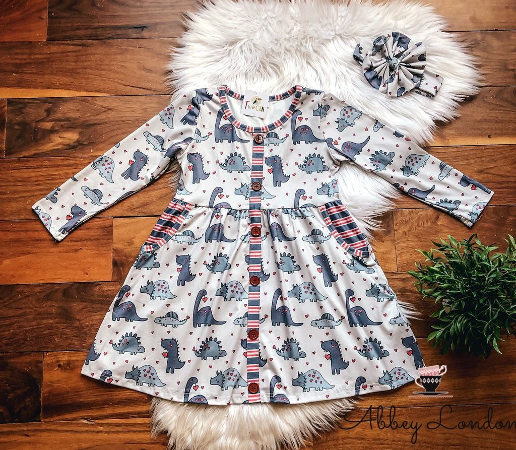 Dino Love Long Sleeve Pocket Dress